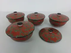 【TAKA66-33】◇たち吉　橘吉　蓋付き湯呑み　柄入り　赤　湯呑み4個、蓋5枚