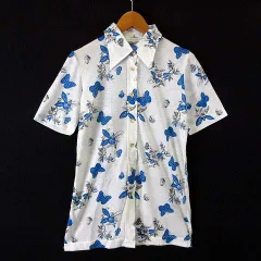 Y＆L シャツ ブラウス シアー シフォン 花柄 総柄 ゴールド 装飾ボタン 半袖 S オフ白 青 ブルー 黒 ブラック