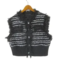 ローリーズファーム LOWRYS FARM ニット ベスト ラメ ボーダー フリンジ ボックスシルエット クロップド F グレー 白 ホワイト