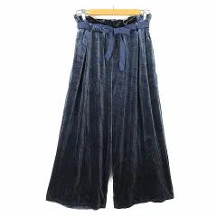 パンツ ワイドパンツ ガウチョパンツ イージー ベロア タック ウエストリボン ストレッチ M 紺 ネイビー 青 ブルー