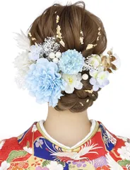 【新着商品】ヘアアレンジ お祭り 和服 和装 浴衣 結婚式 専用ケース付き 七五三 卒業式 袴 振袖 成人式 花 ブルー 水引 ヘアアクセサリー 手作り 金箔入り 和玉 かすみ草 Y5007 ドライフラワー セット 人気 髪飾り [JZOON]