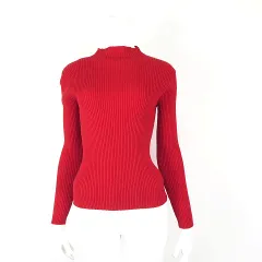 ファボリ FAVORI  リブ ニット セーター ハイネック バックボタン 長袖 M 38 赤 レッド