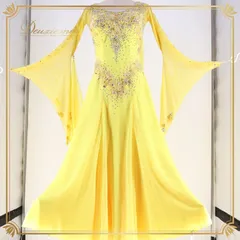 社交ダンス 衣装 スタンダードドレス ワンピース ドレス スタンダード 黄色 レース デモ 競技 ダンス パーティ 発表会 上品 綺麗 華やか イエロー系 フロート スカート 3枚重ね 落ち感 競技用 発表会用 ステージ衣装 ゴージャス コスチューム