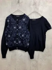 QUEENS COURT クイーンズコート 5182343-03 ビジュー フラワー アンサンブル カーディガン size2/紺 ■■ レディース