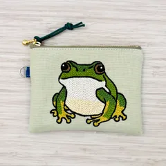 かえるの手刺繍、12センチフラットファスナーポーチ