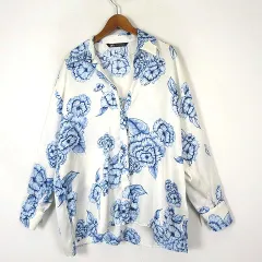 ザラ ZARA ブラウス シャツ 花柄 フラワー プリント ターンダウン スキッパー 落ち感 とろみ 長袖 M オフホワイト ブルー