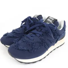 極美品☆MIUMIU New Balance ミュウミュウ ニューバランス 574 ロゴ入り フリンジ加工 キャンバス スニーカー ネイビー 39 箱・保存袋付き イタリア製 レディース