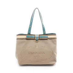 プラダ PRADA トートバッグ ロゴジャガード ベージュ/ブルー キャンバス レザー ロゴジャガードトートバッグ レディース Used A