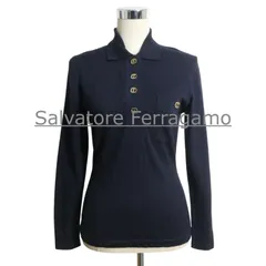 Salvatore Ferragamo サルヴァトーレフェラガモ ヴァラ カットソー ポロシャツ プルオーバー ニット ハーフボタン 長袖 ウール サイズS ネイビー レディース 古着 中古