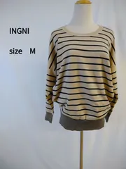 ［イング］ 長袖ボーダーニット クルーネック ベージュ×ブラック 春コーデ