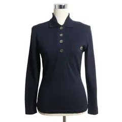 美品 Salvatore Ferragamo サルヴァトーレフェラガモ ヴァラ ニット ポロシャツ カットソー ハーフボタン 長袖 ウール ネイビー サイズS レディースのサムネイル