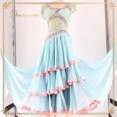 社交ダンス 衣装 ROBINHOOD ロビンフッド スタンダードドレス ワンピース ドレス 水色 ピンク フロート レース 明るい かわいい 艶 デモ 競技 ダンス パーティ 発表会 ブルー系 ピンク系 グリーン系 カラフル フェミニン 軽やか おしゃれ