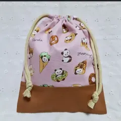ハンドメイド、パンダ、パン柄の給食袋、巾着袋、コップ入れ、ピンク、茶色