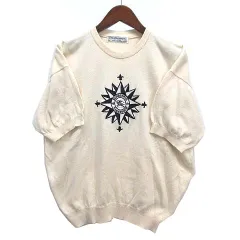 バーバリー Burberrys ヴィンテージ コットン ニット クルーネック 半袖 セーター ホースマーク 刺繍 オフホワイト 42 スコットランド製 ☆AA★