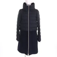 美品△Herno ヘルノ 2020年製 PI1214D ロゴプレート スタンドカラー ウール切替 ZIP UP ロング ダウンコート ネイビー 40 イタリア製 正規品 レディース