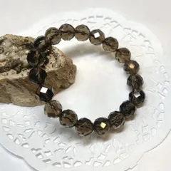 【E17853】スモーキークォーツ　10㎜　カット　煙水晶　ブレスレット　Smoky Quartz 天然石