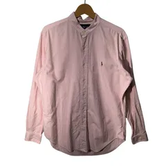 Ralph Lauren ラルフローレン CLASSIC FIT ノーカラーシャツ ストライプ柄 長袖 シャツ ボタンダウン ポニー刺繍 Philippines製 Mサイズ ピンク ホワイト