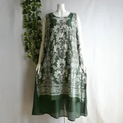 新品 9619 F 重ね着風 綿100％ ワンピース 春 夏 南国風花鳥柄 緑系 レディース 透け感 インド製 フェイクレイヤード 50代 60代 70代