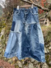 お洒落デニムリメイク大人可愛いパッチワークフレアロングスカートsk-0016