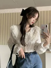 ブラウス 即購入OK レディース おしゃれ ラッフル襟 フリル シアー トップス シアートップス シアーシャツ パフスリーブ シャツ シフォンブラウス 長袖 オフィス カジュアル 上品 きれいめ 華やか 韓国