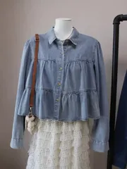 3004 デニム3段ティアードブラウス(ニート Tシャツ ジャケット シャツ ジップアップ カーディガン スウェット セット