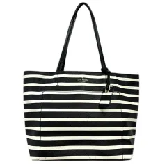 ケイトスペード KATE SPADE ハンドバッグ トートバッグ 肩掛け ボーダー柄 ロゴ チャーム付き オープントップ ブラック 黒 ホワイト 白
