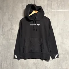 【人気】adidas アディダス パーカー 黒 M センター刺繍ロゴ｜スウェット プルオーバー フーディー 3本ライン トレフォイル スポーツMIX ストリート カジュアル ゆるだぼ オーバーサイズ  古着 y2k レディース 匿名配送