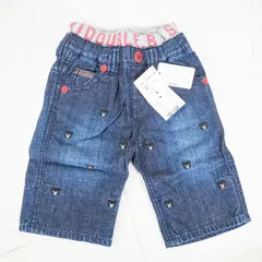 K611	未使用タグ付 mikihouse ミキハウス DOUBLE_B ダブルビー Bigフェイス＆プチ刺繍７分丈パンツ サイズ90cm 半ズボン インディゴブルー クマ
