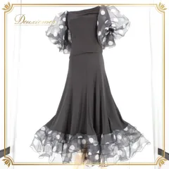 社交ダンス 衣装 スタンダード 上下セット ツーピース レッスンウェア パーティ衣装 黒 ブラック系 Create-Sun クリエイトサン 水玉 ショートスリーブ フレアスカート レディース ボトムス スポーツウェア ダンスウエア ポリエステル おしゃれ