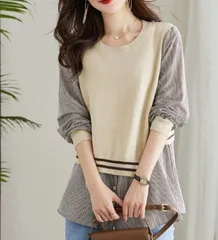 カットソー レイヤード風 即購入OK 重ね着風 トップス 異素材 チュニック ロング お尻が隠れる 大きいサイズ 体型カバー ゆったり 長袖 二の腕カバー 20代 30代 40代 50代 60代 レディースファッション