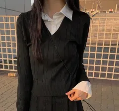 レイヤード ブラック ニット 長袖 Tシャツ