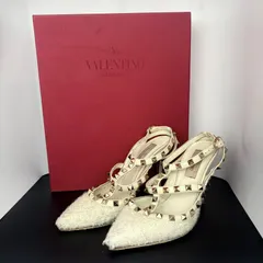ヴァレンティノ ガラヴァーニ VALENTINO GARAVANI ロックスタッズ パンプス アンクル ストラップ ツイード ハイヒール 35 22~22.5cm ホワイト 白