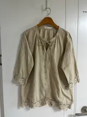 (日本ヴィンテージ)ブラウス リボ ンレース コットン 麻 ベージュ