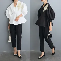 フラワーモチーフデザインペプラムジャケット + タックテーパードパンツ 2点セット フォーマル セットアップ 入学式 卒業式 入園式 卒園式 ママ 二次会 パーティー