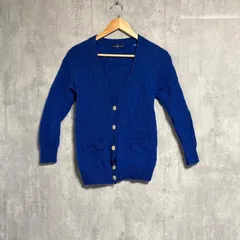 希少色【ラルフローレン】ウール100% ケーブル ニット カーディガン M ブルー 青 ポニー刺繍｜ポロ 羊毛 ケーブル編み Vネック セーター レディース 秋冬 羽織り 90s ヴィンテージ 訳あり ダメージ 穴あき  古着女子 韓国ファッション y2k