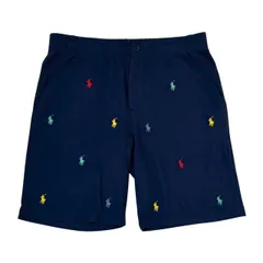 未使用　POLO RALPH LAUREN ポロラルフローレン ハーフパンツ ショートパンツ ネイビー Lサイズ 14-16G カラフルポニー刺繍 総柄 ロゴ刺繍 キッズ ジュニア メンズ レディース ユニセックス コットン混 ポケット付き タグ付き