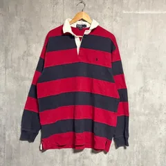 90s ポロラルフローレン ラガーシャツ L 太ボーダー ポロシャツ 紺 赤 刺繍ロゴ ポニー 長袖 古着 ビンテージPOLO RALPH LAUREN アメカジ ストリート ゆるだぼ オーバーサイズ Y2K 00s 常田大希 菅田将暉 メンズ コットン 肉厚