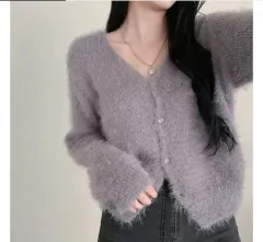 レディース 華奢 フィット アンゴラ カーディガン グレー