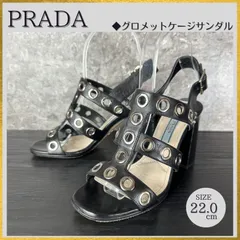 【レザーケア済／清潔に整えたリユース靴】S653 PRADA プラダ スタッズ ハトメ レザー Tストラップサンダル チャンキーヒール 黒ブラック サイズ35(22.0-22.5cm)