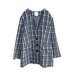 【タグ付品】REDYAZEL チェック ノーカラージャケット グレー Fサイズ きれいめ 秋冬アウター レディアゼル オフィスカジュアル