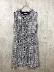 美品 Prima Scherrer プリマシェレル psc312-0303 MIXツイード パール付き ワンピース sizeM/紺  ■■レディース