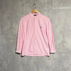 【美品】ポロラルフローレン バンドカラーシャツ M ピンク ストライプ ニット ドレスシャツ ノーカラー 刺繍ポニー 定番 人気  Polo Ralph Lauren メンズ レディース 古着 清潔感 春服