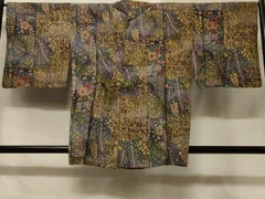 平和屋着物＃道中着　格子草花文　藤花房　暈し染め　金銀彩　正絹　逸品　CABD1345in