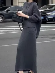 アシンメトリーニットスカートセット 冬新作 秋 長袖 スカート