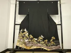 平和屋着物■豪華黒留袖　駒刺繍　飛鶴松文　金彩　正絹　逸品　AABG2606ck