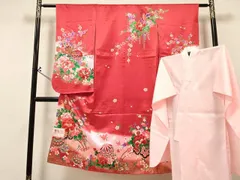 平和屋着物[]七五三　女の子　７歳　祝着　四つ身　長襦袢(単衣)セット　鴛鴦　御所車鞠花文　暈し染め　金彩　未使用　DABA3846ma