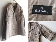 PS Paul Smith ポールスミス チェック ストレッチコットン 開襟 オープンカラー ミリタリー シャツジャケット M グレージュ 日本製