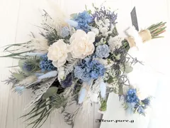 ✿✴春の訪れウェディングブーケ✴✿ブルー&ホワイト✴ドライフラワーブーケ✴ブートニア✿前撮り✴ブライダル✴ウェディングフォト