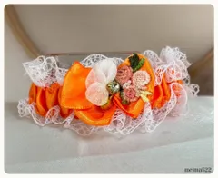 Mサイズ《20〜22》 オレンジ　モチーフ　お花　リボン　首輪　シュシュ　犬　猫