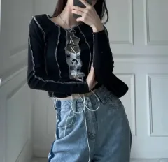 コルセット エンブロイダリー ストリート クロップド y2k スリムフィット リー リボン 長袖Tシャツ